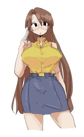 1girls azumanga_daiou bangs bespectacled black_eyes blue_skirt blush blushing breasts brown_hair brunette_hair busty_teenager button_down_shirt button_up_shirt buttoned_shirt collared_shirt female finger_to_face glasses glasses_on_face high_school_student koyomi_mizuhara large_breasts leebongchun long_hair shoulderless_shirt side_part_hair skirt sleeveless sleeveless_shirt solo straight_hair teen_with_milf_body teenage_female teenager very_long_hair white_background yellow_shirt yellow_topwear