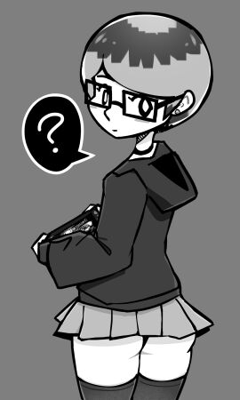 1girls ? ass bunijayy emmi_(bunijayy) female glasses greyscale hood_down hoodie monochrome oc original_character panties requested requested_art short_skirt skirt square_glasses text_bubble thigh_highs thighhighs thighs