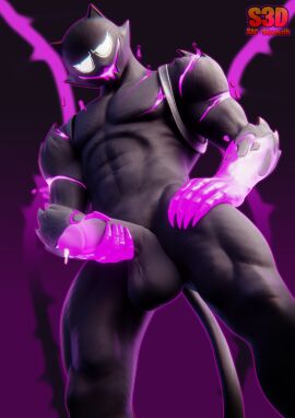 abs absurd_res annoyed anthro balls epic_games felid fortnite genitals glowing glowing_eyes hi_res holding_penis looking_at_viewer male mammal muscular pecs penis phantom_meowscles shachath3d smile solo