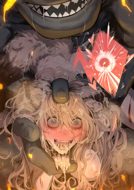 absurdres ape arm_grab arm_held_back blonde_hair blue_hair blush breasts completely_nude crying crying_with_eyes_open cum defeat female freckles haplorhine injury long_hair medium_breasts monster nipples nude open_mouth primate pussy red_eyes restrained ryona sex sex_from_behind shitappa0120 size_difference straight tears torn_clothes vaginal_penetration zoophilia