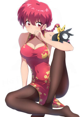 ass_visible_through_thighs bare_arms bare_shoulders belly_button_visible_through_clothing big_breasts black_pantyhose blush body_blush braid breasts china_dress chinese_clothes cleavage cleavage_cutout closed_mouth collarbone feet female nishizuki_shino p-chan pantyhose pig ranma-chan ranma_1/2 ranma_saotome red_dress red_eyes red_hair ryoga_hibiki shiny_skin sideboob sitting sleeveless_dress sus_(pig) thighs