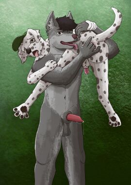 absurd_res animal_genitalia animal_penis anthro anus balls bodily_fluids bottomwear bottomwear_down butt_lick canid canine canine_genitalia canine_penis canis carrying_another clothed clothing dalmatian domestic_dog duo femboy fingering genital_fluids genitals grabbing_hand hat headgear headwear held_by_waist hi_res jock licking male male/male mammal moan nathan0112 nude_male pants pants_down partially_clothed paws penis plant precum sheath shrub size_difference spread_anus spreading tongue wet wolf