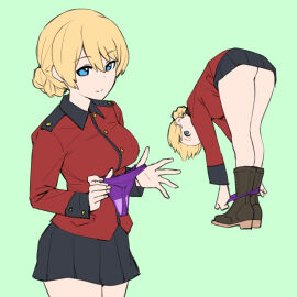 1girls ass bent_over black_footwear black_skirt blonde_hair blue_eyes boots braid darjeeling female girls_und_panzer grey_background highres holding holding_panties holding_underwear holding_unworn_clothes jacket lace-trimmed_panties lace_trim long_sleeves looking_at_viewer looking_back military military_uniform miniskirt multiple_views onsen_tamago_(hs_egg) panties panty_pull pleated_skirt presenting_removed_panties pulling_own_clothes purple_panties red_jacket short_hair simple_background skirt st._gloriana's_military_uniform standing thong tied_hair underwear