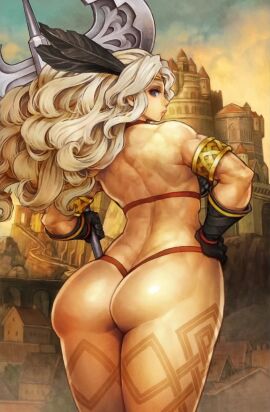 1girls amazon_(dragon's_crown) ass athletic athletic_female atlus back_view big_ass big_butt bikini_armor blonde_hair blue_eyes bra bubble_ass bubble_butt castle city_background dragon's_crown female female_only gloves long_hair looking_at_viewer looking_back muscular muscular_female official_art shigatake solo_female standing thick_thighs thighs thong town vanillaware weapon