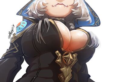 2d 2d_(artwork) big_breasts breasts cipher_(honkai:_star_rail) cleavage cleavage_cutout cleavage_overflow fangs female honkai:_star_rail honkai_(series) hoodie hoyoverse huge_breasts looking_down mavrix mihoyo shirt smile smiling smiling_at_viewer underboob unzipped unzipped_bodysuit white_hair