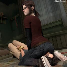 2girls 3d 3d_(artwork) ass bdsm black_hair bondage brown_hair crossover ellie_(the_last_of_us) ellie_williams facesit facesitting facesitting_through_clothes female female_only human jeans lara_croft lara_croft_(survivor) multiple_females multiple_girls pants petite red_shirt rope_bondage shirt shoes skinnydipper69 the_last_of_us tied_up tiedup tomb_raider tomb_raider_(survivor)