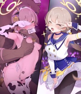 1boy animal_ear_hairband animal_ears animal_print armpits ashiba barcode barcode_tattoo bell bikini black_pantyhose blue_archive blue_choker blue_corset blush breasts brown_hair choker clothed_sex corset covering_one_eye cow_ear_hairband cow_ears cow_horns cow_print cow_print_bikini cow_print_gloves cow_print_thighhighs cow_tail cowbell dark-skinned_male dark_skin doodle_sensei_(blue_archive) ear_tag elbow_gloves fake_animal_ears fake_horns female gloves grabbing_another's_breast groping hairband halo happy_sex heart hifumi_(blue_archive) highres horns id_card idol idol_clothes mischievous_straight_uniform_(blue_archive) mouth_hold navel neck_bell nipples official_alternate_costume one_eye_closed open_mouth pantyhose print_bikini print_gloves print_thighhighs sensei_(blue_archive) sex small_breasts smile stage straight stray_pubic_hair sweat swimsuit tail tattoo thighhighs v variant_set