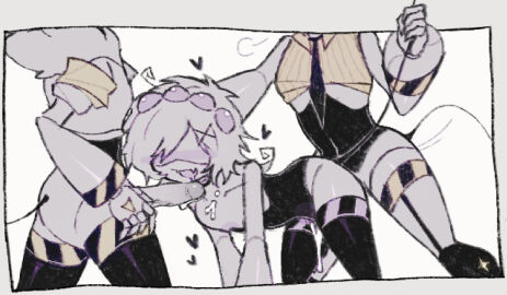 1girls 2d 2futas anonymous_artist artist_request female futanari hearts_around_head humanoid intersex j_(murder_drones) murder_drones robot robot_girl robot_humanoid screen_face threesome uzi_(murder_drones) v_(murder_drones)