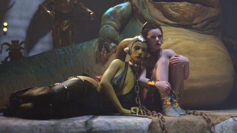 2girls 3d alexbridger belly_dancer belly_dancer_outfit boots braided_hair breasts brown_eyes brown_hair c-3po chain_leash chained dancer dancer_outfit droid_(star_wars) enslaved_royal female femsub fishnets green_skin harem harem_girl harem_outfit headwear hutt jabba's_palace jabba_the_hutt large_breasts long_hair lounging oola princess_leia_organa salacious_crumb slave slave_bikini slave_collar slave_girl slave_leia slave_outfit star_wars submissive_female twi'lek