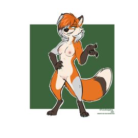 anthro athletic belly big_tail black_body black_fur blue_eyes breasts canid canine casual_nudity confident_expression coolskeltal95 digital_media_(artwork) digitigrade dipstick_ears dipstick_tail ear_markings female fox fur genitals gesture gloves_(marking) green_background green_eyes grey_body grey_fur hand_gesture hand_on_hip head_floof heterochromia hi_res leg_markings mammal markings multicolored_ears nipples nude nude_female orange_body orange_fur pussy simple_background smile socks_(marking) solo solo_focus standing tail tail_markings true_fox unusual_fur_pattern watermark white_belly white_body white_fur