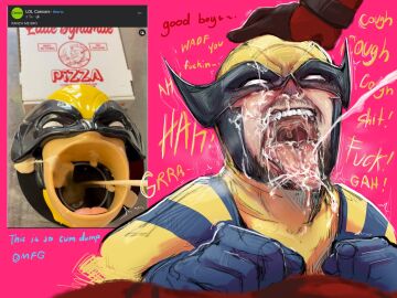 2boys after_fellatio baimonbluewhale blowjob_handles blush coughing_cum cum cum_in_mouth deadpool deadpool_&_wolverine_(2024) ejaculation english_text gay gloves male male/male male_only marvel marvel_comics mask open_mouth superhero_costume teeth tongue tongue_out wolverine_(x-men) x-men yaoi