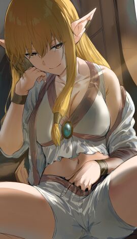 blonde_hair breasts brooch cleavage closed_mouth clothing earclip elbow_rest elf extremely_large_filesize female female_only frieren_beyond_journey's_end hair_between_eyes hair_tubes hand_under_clothes hand_under_shorts head_rest hews_hack high_resolution imminent_masturbation jewelry large_breasts large_filesize long_hair looking_at_viewer midriff navel png pointed_ears robe serie_(sousou_no_frieren) short_shorts shorts sidelighting sidelocks sitting smile solo sousou_no_frieren spread_legs thighs very_high_resolution white_shorts yellow_eyes