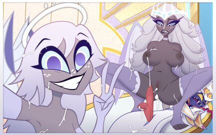 1boy 2_penises 2girls 3angels accurate_art_style after_sex areolae ass blue_eyes breasts cum cum_drip cum_in_ass cum_in_pussy cum_on_body cum_on_face deadinside97 diphallia diphallism emily_(hazbin_hotel) eyebrows female freckles halo hazbin_hotel lipstick male multi_genitalia multi_penis naga nipples open_mouth peace_sign penetration penis pussy sera_(hazbin_hotel) sir_pentious_(hazbin_hotel) thick_thighs thighs v v_sign white_hair wide_hips