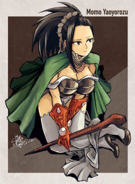 1girls alternate_universe big_breasts black-haired_female black_eyes black_hair breasts cape female female_focus female_only gloves legwear long_hair momo_yaoyorozu my_hero_academia ponytail shellmaru solo solo_female solo_focus staff