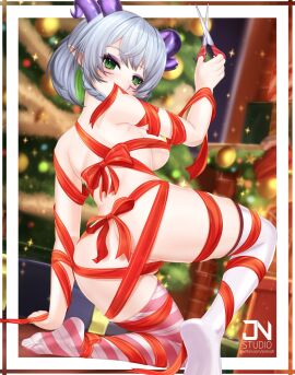 1girls ass breasts christmas female female_only froot green_eyes horns jnstudio light-skinned_female light_skin scissors solo virtual_youtuber white_hair wrapped