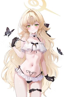 1girls absurdres alternate_costume ass_visible_through_thighs bare_arms bare_shoulders bare_thighs bikini black_gloves blonde_hair blue_archive blush breasts closed_mouth collarbone cowboy_shot empty_eyes female female_only frilled_bikini frills gloves green_eyes hair_intakes halo hand_up highres jogabi layered_bikini light_frown long_hair looking_at_viewer navel professor_niyaniya_(blue_archive) pubic_tattoo shaded_face shoulders simple_background small_breasts smile solo stomach strap_slip sweat swimsuit tattoo thigh_strap thighs underboob undressing variant_set very_long_hair white_background white_bikini white_swimsuit yellow_halo