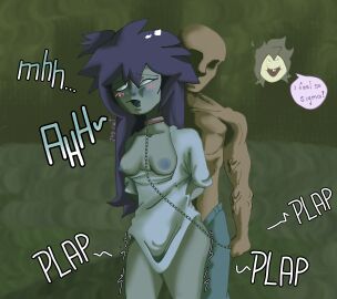 anal anal_sex bald blue_hair blue_nipples blue_pants blush brown_body brown_skin cherry_(roblox) female green_background green_body green_skin grey_shirt jisatsu_hayashi222 joycat meme_reference oc radiation_hell sex text text_box text_bubble thighs tiktok veins white_eyes