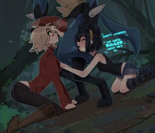 1boy 1girls 2025 anthro_on_human blonde_hair blue_eyes blush breasts canine_genitalia canine_penis clothed clothed_sex clothing dark_hair female female_supporting_bestiality forest forest_background furry grabbing green_eyes hairband hand_on_head imminent_sex interspecies kasia_mikolajczyk knot knotted_penis lucario male male_lucario male_pokemon/female_human multicolored_fur open_mouth penis pokemon pokemon_(species) pokephilia short_hair shuuko size_difference text