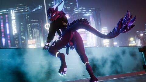 3d absurd_res anthro anus ass balls blender_(artwork) city city_background clothed clothing digital_media_(artwork) dragon erection genitals hair hi_res kronosprotogen leaning_on_wall looking_at_viewer looking_back male mythological_creature mythological_scalie mythology nardoragon penis presenting purple_body purple_penis rear_view scalie solo tail whanos