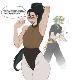 1boy 1girls absurd_res arm_behind_head armpit_fetish armpits black_hair blush breasts character_in_background dialogue english_text erection erection_under_clothes ezreal female glasses glasses_on_head green_hair green_highlights hand_fan heartsteel_ezreal heartsteel_series k/da_all_out_kai'sa k/da_all_out_series kai'sa league_of_legends long_hair male pepprnsalt riot_games small_breasts speech_bubble sportswear sweat