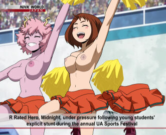 3girls areolae armpits big_breasts bouncing_breasts breasts breasts_out broadcast brown-haired_female brown_hair camera camera_view casual casual_nudity cheerleader cheerleader_outfit cheerleader_uniform collarbone dancing female female_focus female_only female_teen female_teenager half-dressed high_school_girl high_school_girls high_school_student high_school_students horns looking_happy medium_breasts mina_ashido miniskirt multiple_females multiple_girls my_hero_academia navel nhk_news nipples ochako_uraraka on_camera pink-haired_female pink_hair pink_skin pom_poms public public_nudity recording school_girl school_girls schoolgirl short_hair showing_breasts showing_off skirt smiling stadium stadium_background teen teen_girl teen_girls teen_tits teenage teenage_female teenage_girl teenage_girls teenage_tits teenager teenagers teens tooru_hagakure tooru_hagakure_(invisible) topless topless_teen tropic_turtle tv young young_female young_girl young_girls