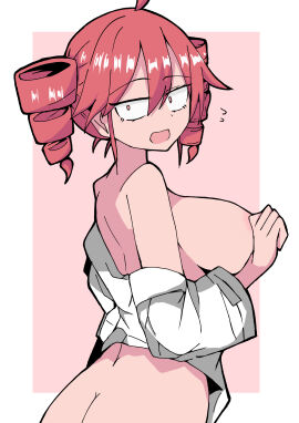 1girls areola_slip ass breasts collared_shirt constricted_pupils female from_behind hitorikanawo kasane_teto large_breasts looking_back naked_shirt open_mouth shirt solo suprised vocaloid white_shirt