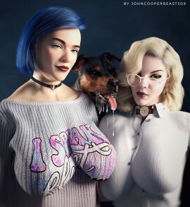 1boy 2girls 3d 3d_(artwork) ally_jcbst3dx animal_genitalia animal_penis big_breasts blonde_hair blue_hair breasts canine choker clothed daz3d daz_studio european_female female glasses high_heels johncooperbeast3dx male office_lady original_character penis realistic small_penis straight sweater threesome valerie_jcbst3dx zoophilia