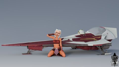 1girls 3d ahsoka_tano alien astromech_droid boots clone_wars dc15-a droid_(star_wars) female female_only gloves hand_on_face jedi jedi_padawan kneeling looking_at_viewer on_floor orange_body orange_skin pinup pinup_(style) pinup_girls pinup_pose simple_background skirt solo spacecraft spaceship spread_legs star_wars the_clone_wars:_season_one togruta tubetop