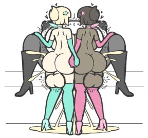 2futas aplovestudio balls behind_view breasts cum_dripping cum_inside cumflation dark_skin double_penetration ejaculation female futa_on_female futanari handholding high_heels huge_ass huge_balls huge_breasts inflation intersex light_skin original_characters thighhighs threesome throbbing_balls