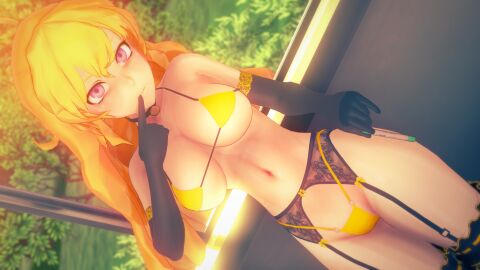 1girls 3d big_breasts blonde_hair breasts busty child_bearing_hips cleavage female female_only finger_to_mouth garter_straps gloves hi_res large_breasts legs lingerie long_hair looking_at_viewer nave parted_lips pose posing purple_eyes rwby seductive seductive_look sensual sexy sexy_pose solo thighs thong tongue voluptuous yang_xiao_long yellow_bikini