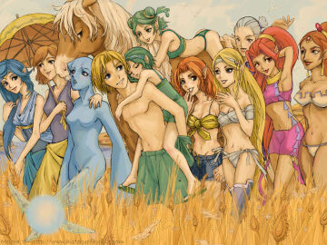 1boy 6+girls anju ass bikini blonde_hair blue_eyes blue_hair breasts carrying cleavage copyright_name dark-skinned_female din english_text epona everyone fairy farore female fish_girl gerudo green_eyes green_hair groin hairband harem highres horse hylian impa impa_(ocarina_of_time) kokiri link link's_awakening link_(ocarina_of_time) long_hair male malon marin melora monster_girl multiple_females multiple_girls nabooru navel navi nayru nintendo ocarina_of_time oracle_of_ages oracle_of_seasons orange_hair pointy_ears princess_ruto princess_zelda purple_eyes red_eyes red_hair saria sleeping_on_person summer swimsuit the_legend_of_zelda umbrella very_long_hair wallpaper watermark wheat young zora