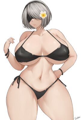 1girls batako batako_(batakoart) bikini black_bikini blindfold bracelet breasts cleavage curvy female female_focus flower flower_on_head hand_on_own_hip highres huge_breasts jewelry mole mole_under_mouth navel nier nier:_automata nier_(series) ring short_hair skindentation solo swimsuit thick_thighs thighs torn_clothes white_hair wide_hips yorha_2b