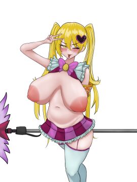 1girls areolae blonde_hair blush breasts bright_pupils don_quixote_(limbus_company) eyebrows_visible_through_hair female female_only garter_straps holding_object huge_areolae huge_breasts i_need_paizuri_from_don_quixote light-skinned_female light_skin limbus_company lobotomy_corporation looking_at_viewer magical_girl miniskirt nikko_g304 nipples one_eye_closed peace_sign project_moon smile solo thick_thighs tongue tongue_out v wink