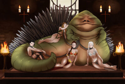 1boy 4girls arya_stark bondage braided_hair breasts brown_hair chains cleavage collar crossover daenerys_targaryen dancer dancer_outfit female femsub game_of_thrones harem harem_girl harem_outfit jabba_the_hutt large_breasts long_hair male maledom margaery_tyrell metal_collar nic0_robin69 oola_(cosplay) princess_leia_organa revealing_clothes sansa_stark short_hair silver_hair skimpy_clothes slave slave_bikini slave_collar slave_girl slave_leia slave_outfit star_wars submissive_female
