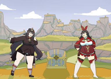 2girls amber_(genshin_impact) bbw belly breasts brown-haired_female brown_hair chest chubby chubby_female clouds duo duo_female duo_focus fat fat_female fat_fetish female female_focus female_only genshin_impact goggles goggles_around_neck hat hoyoverse hu_tao_(genshin_impact) light-skinned_female light_skin liyue_girls looking_at_chest mihoyo mihoyo_technology_(shanghai)_co._ltd. mondstadt_girls multiple_females multiple_girls ribbon ribbon_in_hair sky standing weight_gain