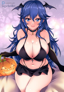 1girls absurd_res alternate_breast_size artist_name bare_shoulders big_breasts bikini black_bikini black_choker black_gloves black_skirt blue_eyes blue_hair blush breasts choker cleavage closed_mouth collarbone demon elbow_gloves female fire_emblem fire_emblem_awakening gloves halloween head_wings high_res jack-o'-lantern long_hair looking_at_viewer lucina_(fire_emblem) microskirt navel nintendo purple_background sitting skirt smile star_(symbol) star_choker succubus sugarbell swimsuit very_long_hair wings