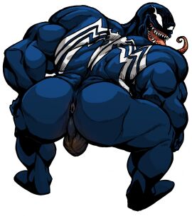 alien anus ass balls big_ass big_butt big_muscles crouching genitals hi_res humanoid kgbigelow long_tongue looking_at_viewer looking_back looking_back_at_viewer male male_only marvel marvel_comics muscles muscular muscular_male presenting presenting_hindquarters rear_view smile solo solo_male symbiote tongue tongue_out venom_(marvel)