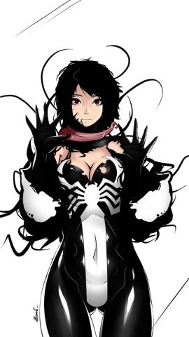1girls 7zaki ass ass_visible_through_thighs big_ass big_breasts big_butt black_hair breasts bubble_ass bubble_butt cleavage female looking_at_viewer marvel marvel_comics medium_hair messy_hair red_eyes she-venom skin_tight solo spider-man_(series) symbiote tongue