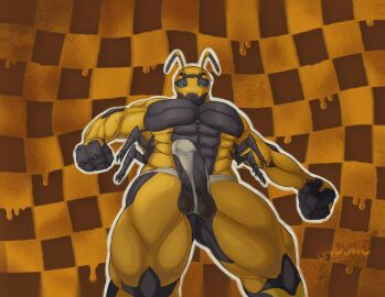 3_fingers antennae_(anatomy) arthropod blue_eyes brown_body checkered checkered_background clothing fingers genitals hi_res hornet hymenopteran insects looking_down male muscular muscular_male ogden_(entitropy) pattern_background pecs penis simple_background underwear vespid wasp yellow_body