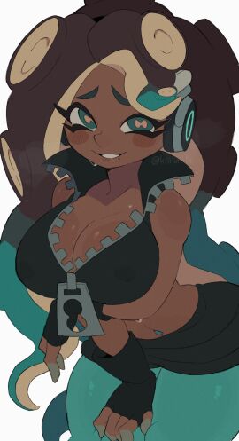 1girls arm_under_breasts black_hair breasts cephalopod_eyes clothed crop_top dark-skinned_female dark_skin female fingerless_gloves gloves green_eyes green_fingers green_hair green_pantyhose grin headphones kiirono leather leather_crop_top looking_at_viewer marina_(splatoon) navel navel_piercing nipples nipples_visible_through_clothing octoling octoling_girl pantyhose piercing see-through see-through_clothing shorts smile solo splatoon splatoon_2 sweat tentacle_hair thick_thighs thigh thigh_grab tight_clothing two-tone_hair zipper zipper_pull_tab