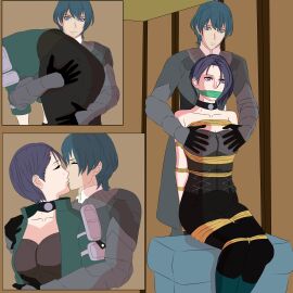 1boy 1girls arms_behind_back ass ass_grab bare_shoulders bent_over blue_eyes blue_hair bodice bondage boots bound breast_grab breasts byleth_(fire_emblem) byleth_(fire_emblem)_(male) captured carrying carrying_over_shoulder carrying_person choker cleavage closed_eyes collarbone double_breast_grab female femsub fire_emblem fire_emblem:_three_houses gag gloves groping hug indoors kissing large_breasts male maledom mogobdsm molestation nintendo purple_eyes restrained shamir_nevrand short_hair shoulders sitting story_at_source teal_hair