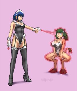 bikini blue_eyes blue_hair breasts cow_girl evil_smile expressionless eye_roll female female_only femdom femsub green_hair haigure high_heels hypnotic_gun large_breasts maid original raygun short_hair sleepymaid smile spiral_eyes squatting symbol_in_eyes tech_control thighhighs twintails