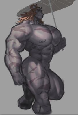 2024 abs anthro areola asian_clothing big_bulge big_pecs biped boosterpang bulge clothing east_asian_clothing felid feline hair hi_res homura_(rexpecs) huge_bulge huge_pecs japanese_clothing lion long_hair looking_at_viewer male male_only mammal multicolored_body muscular muscular_anthro muscular_male nipples nude original original_character pantherine pecs simple_background solo text umbrella unfinished