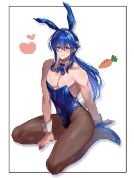 1boy 2d alternate_costume bare_arms blue_eyes blue_hair bunny_boy bunny_ears bunnysuit color crossdressing fake_animal_ears fake_bunny_ears femboy fire_emblem fire_emblem:_genealogy_of_the_holy_war high_heels kneeling leotard long_hair looking_at_viewer male male_only male_playboy_bunny muscular muscular_male nintendo on_knees pantyhose playboy_bunny ponytail seliph_(fire_emblem) smile solo tnomenko
