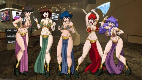 5girls akane_tendo bare_arms bare_legs bare_midriff bare_shoulders bare_thighs belly_button bikini bikini_top black_eyes blue_bikini blue_bikini_top blue_hair blue_loincloth boots bracelet breasts brown_eyes brown_hair cleavage closed_eyes clothing cosplay drawnthatwayxx female female_only femsub gold_(metal) gold_bracelets gold_eyes gold_hair_ornament golden_bracelets golden_hair_ornaments green_bikini green_bikini_top green_boots green_loincloth hair_ornament human kasumi_tendo large_breasts loincloth long_hair midriff multiple_females multiple_girls nabiki_tendo navel pink_bikini pink_bikini_top pink_loincloth ponytail purple_bikini purple_bikini_top purple_eyes purple_hair purple_loincloth ranma-chan ranma_1/2 ranma_saotome ranmabooks.com red_bikini red_bikini_top red_hair red_loincloth ribbon ribbon_in_hair shampoo_(ranma_1/2) short_hair sigh slave slave_bikini slave_girl slave_leia_(cosplay) slave_outfit star_wars swimsuit text thick_thighs ukyo_kuonji white_ribbon