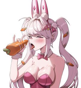 1girls alice_(nikke) alice_(wonderland_bunny)_(nikke) blush breasts bunny_ears bunnysuit cleavage female female_only goddess_of_victory:_nikke looking_at_viewer open_mouth pink_eyes saliva simulated_fellatio sweatdrop tongue tongue_out twintails upper_teeth white_background white_hair