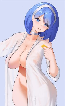 1girls azur_lane blue_eyes blue_hair blush breasts chapayev_(azur_lane) cleavage condom_wrapper female female_only huge_breasts light-skinned_female light_skin no_bra no_panties no_underwear northern_parliament_(azur_lane) rainz see-through see-through_clothing solo unopened_condom_wrapper