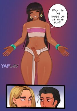 2023 3boys balls bangs black_hair blonde_hair brown_eyes chel clothed clothing dark-skinned_femboy dark-skinned_male dark_skin dialogue dreamworks earrings erection femboy feminine_male flat_chest genderswap genderswap_(ftm) girly half-closed_eyes imminent_sex light_skin long-haired_male long_hair male male_chel male_focus male_only mayan miguel_(the_road_to_el_dorado) mostly_clothed native_american_male otoko_no_ko penis rule_63 smooth_balls smooth_penis text text_bubble the_road_to_el_dorado thick_thighs tulio_(the_road_to_el_dorado) yaoi yaplov