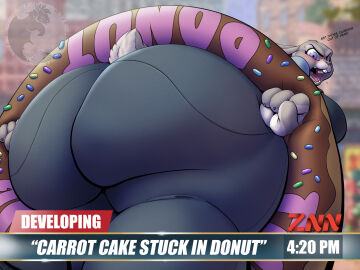 2024 angry anthro ass big_ass big_breasts big_butt bottomwear breasts buckteeth butt_view clothing dessert dialogue disney doughnut embarrassed english_text european_rabbit female food hi_res huge_ass huge_butt hyper hyper_ass hyper_butt judy_hopps judy_stuck_in_donut_redraw lagomorph leporid mammal meme news news_report open_mouth oryctolagus pastry purple_eyes rabbit scut_tail short_tail solo stuck tail teeth text thick_thighs tight_bottomwear tight_clothing time tuzzleton watermark wide_hips yelling zootopia