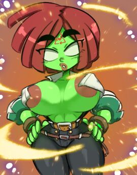 1girls 2d alternate_version_available areola areolae big_breasts blank_eyes brazilian brazilian_female breasts breasts_out clothed clothed_female clothing energy exposed exposed_breasts female female_focus female_only forehead_mark giovanna_(guilty_gear) glowing_skin green-skinned_female green_skin guilty_gear guilty_gear_strive jellot large_breasts looking_at_viewer pinup possessed possession red-haired_female red_hair rei_(guilty_gear) shirt shirt_open short-haired_female short_hair solo solo_female super_form tagme thick_thighs thighs transformation white_sclera